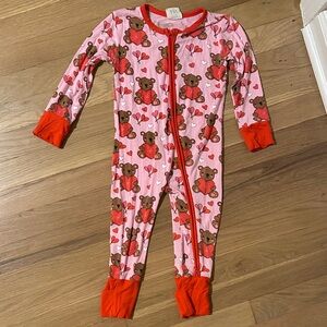 Cozy Pink and Red Teddy Bear Kids Footie